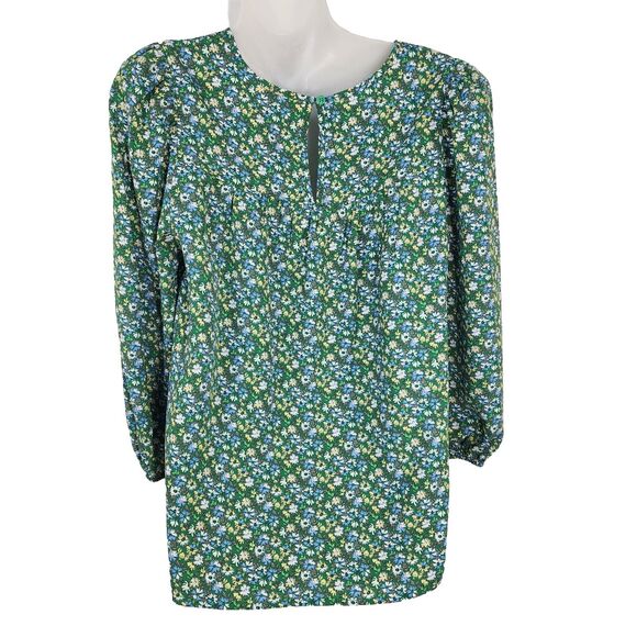 Pleione Women's Top Small Green Floral Smocked Keyhole Neck 3/4 Sleeve Blouse - Picture 2 of 10